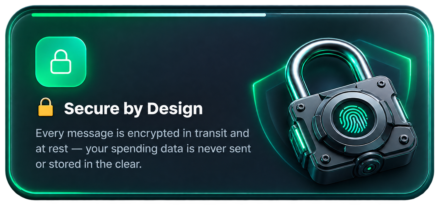 Secure by Design โ every message is encrypted in transit and at rest, your spending data is never sent or stored in the clear.