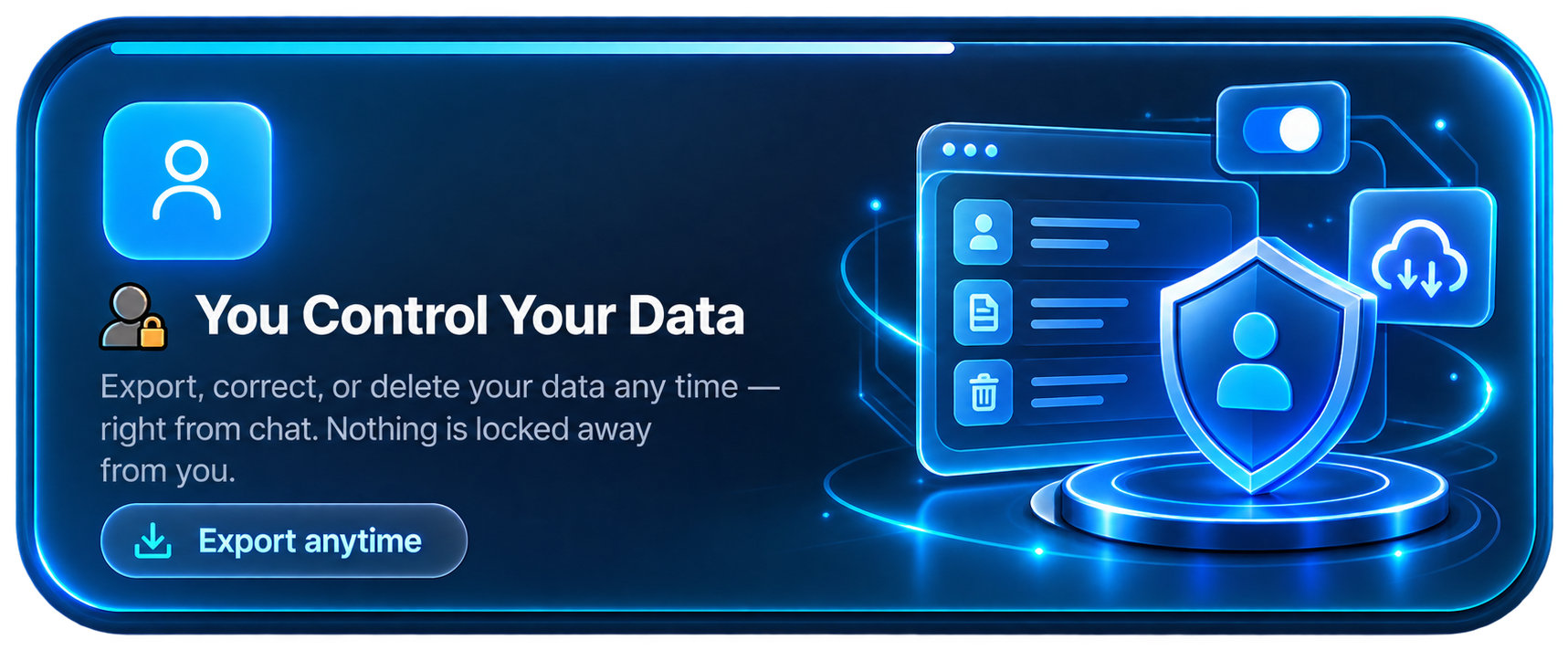 You Control Your Data โ export, correct, or delete your data any time, right from chat.